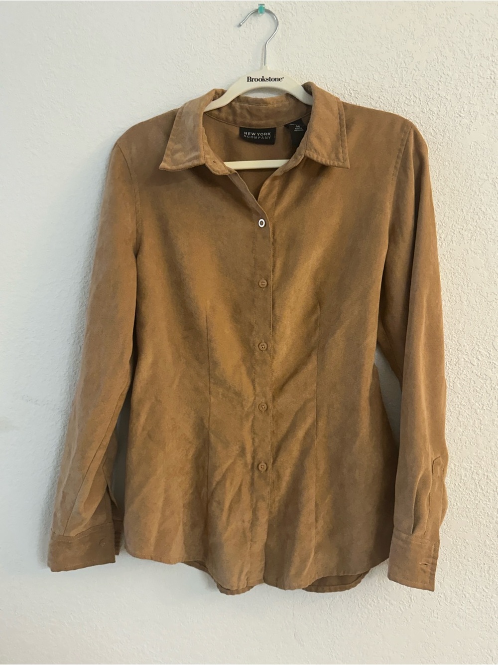 New York & Company Camel Suede Button-Up Shirt